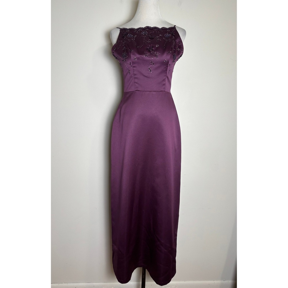 Modern Maids Beaded Satin Formal Dress 6 Retro Evening Gown Purple Prom Occasion
